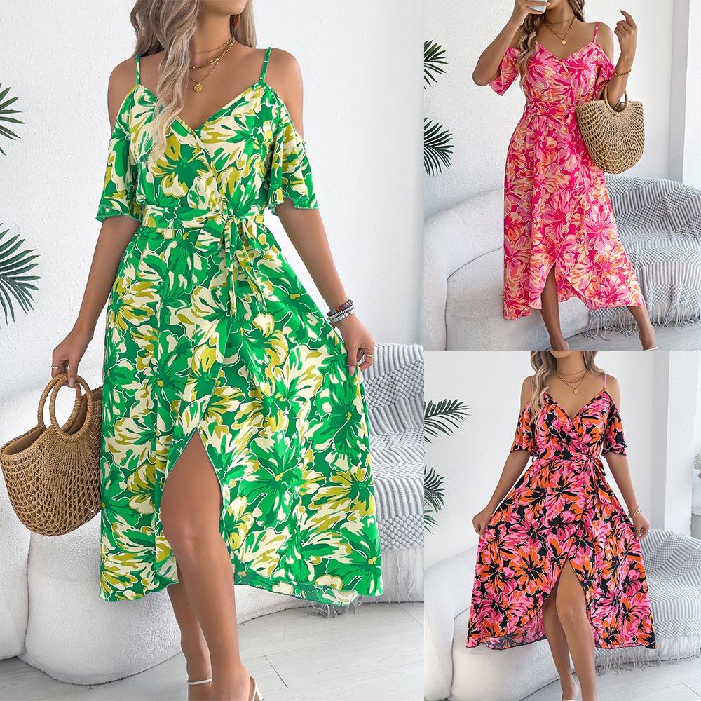 Spring Summer Strapless Cross V Neck Floral Halter Long Holiday Dresses Women