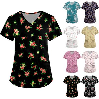 Roupas de trabalho femininas fofas estampadas com decote em V, bolsos de camada dupla, blusa básica de manga curta, pulôver para namorados