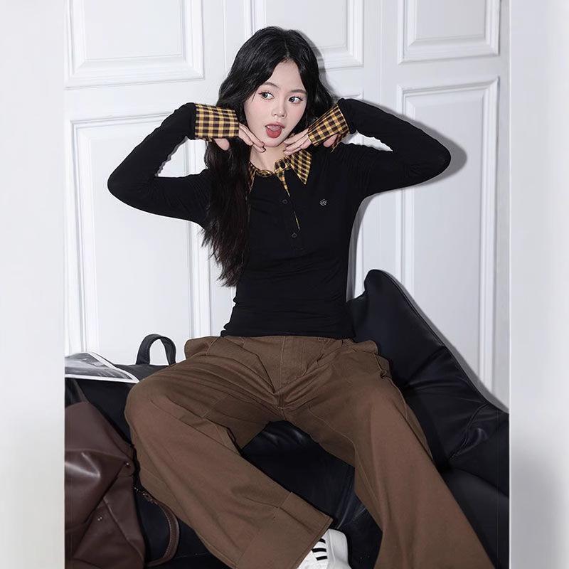 Design Sense Women's Plaid Patchwork Long Sleeve Collared Slim-Fit T-Shirt for Autumn