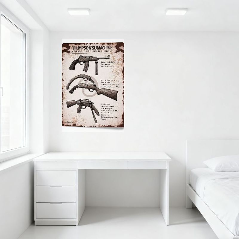 Vintage Thompson U Machine Gun Tin Sign - Tommy Gun Line Art Retro Metal Poster for Bar Pub Home Wall Decor 8x12 Inch