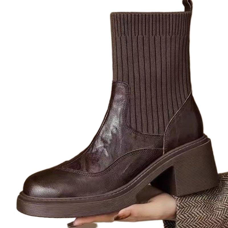 Thick-soled elastic boots versatile women's cross-border small knitted wool tube women's shoes 2026 new high-heeled thin boots