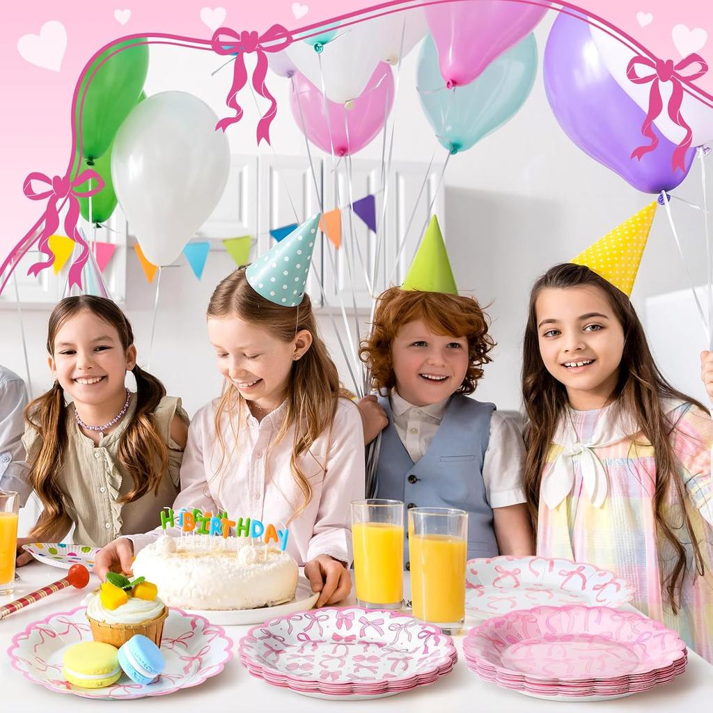 100 Pcs Pink Bow Paper Plates 7'' Disposable Paper Plates Pink Coquette Bow Dessert Set for Girl Bachelorette Bridal Engagement Baby Shower Birthday