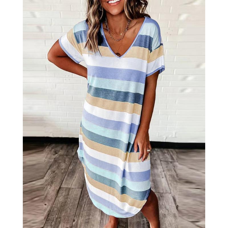 Summer Women's Loose Stripe Printed Short Sleeve Dress Long Dress