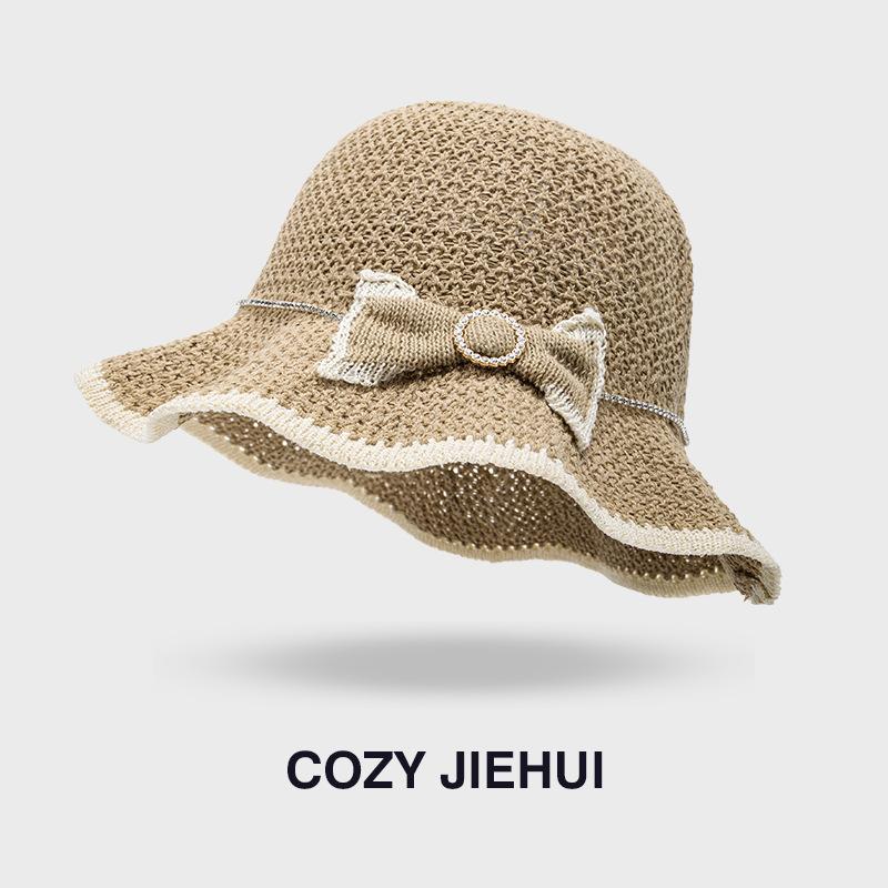 Summer new wavy brim knitted bow basin hat women's outdoor travel sunshade straw hat sun protection bucket hat