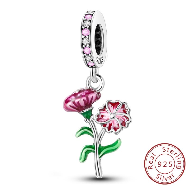 Original Copper Charms Beads Pendant Lotus Tulip Rose Carnation Flower Series Bead Fit Bracelets Women Jewelry Gift