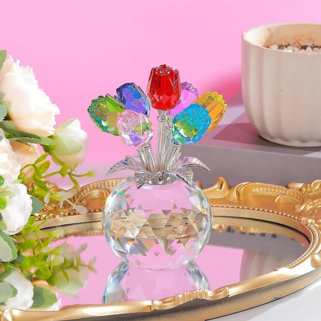 Crystal Colorful Rose Flower Collectible Figurine with Vase,Crystal Rose Ornament,Eternal Rose Decorative Gift Valentine's Day