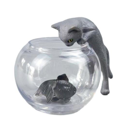 4 Pcs Cute Cat And Goldfish In Fish Tank Figurine Small Aquarium Animal Ornament