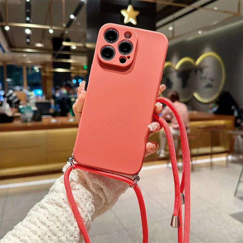 Crossbody Lanyard Candy Color Phone Case For Iphone 17 Air 16 16E 15 14 13 12 11 Pro Max Plus Silicone Soft TPU Back Cover