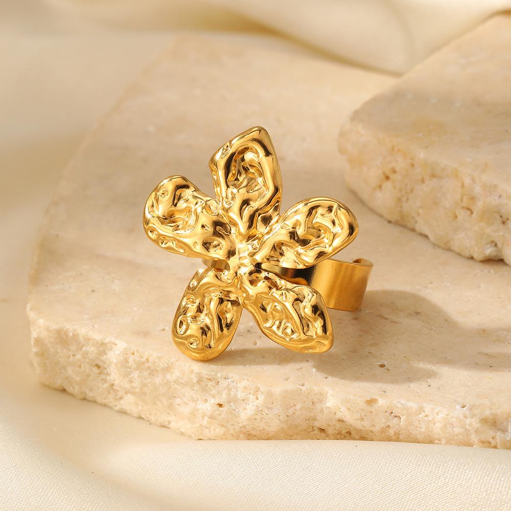 Stainless Steel Gold Color Flower Rings for Women Men Geometric Irregular Texture Opening Adjustable Finger Rings Jewelry Gifts