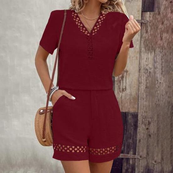 Completo Estivo Due Pezzi Donna Top e Pantaloncini T-shirt Scollo a V Traspiranti Colore Unito Casual Maniche Corte Camicie Pantaloncini Suit