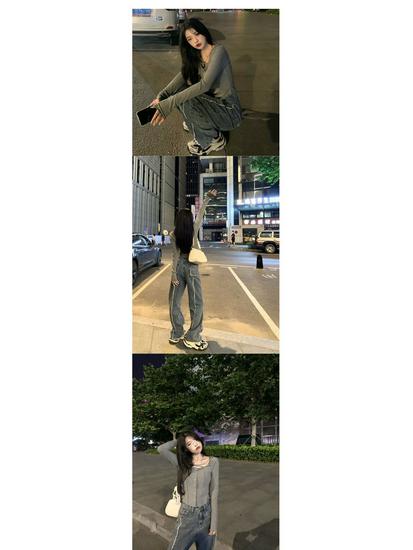 Sweet & Stylish Hot Girl V-Neck Long Sleeve Ribbed T-Shirt - Autumn Slim Fit Women's Top