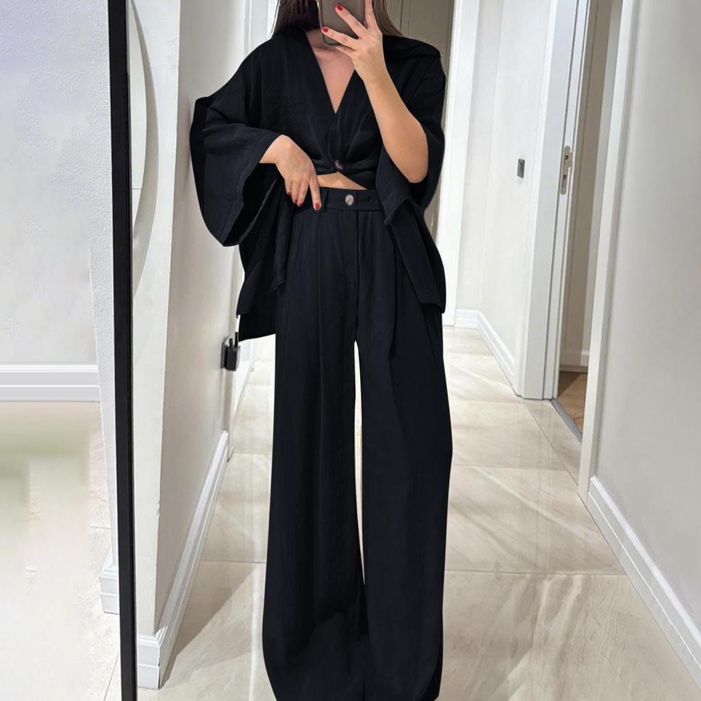 Two Piece Outfits For Women V Neck Button Down Shirt Top And Wide Leg Pants Set Loose Sweatsuits