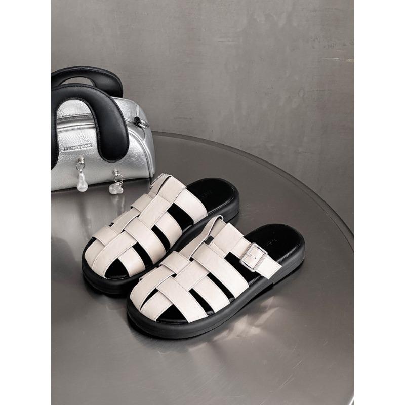 

Baotou slippers women s outer wear summer new flat-bottomed woven pig cage sandals with a soft sole and a half drag 39 бежевий