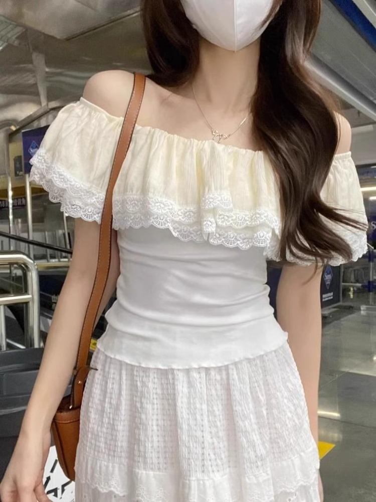 2025 New Style One-shoulder Lace Panel Short Sleeve T-shirt Women Summer Fit Design Off Shoulder Elegant Clothing