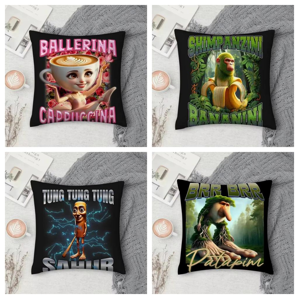 Tung Tung Tung Sahur Tralalo Italan Brainrot Pillow Case Print Square Pillow Bedroom Room Decoration Pillowcase