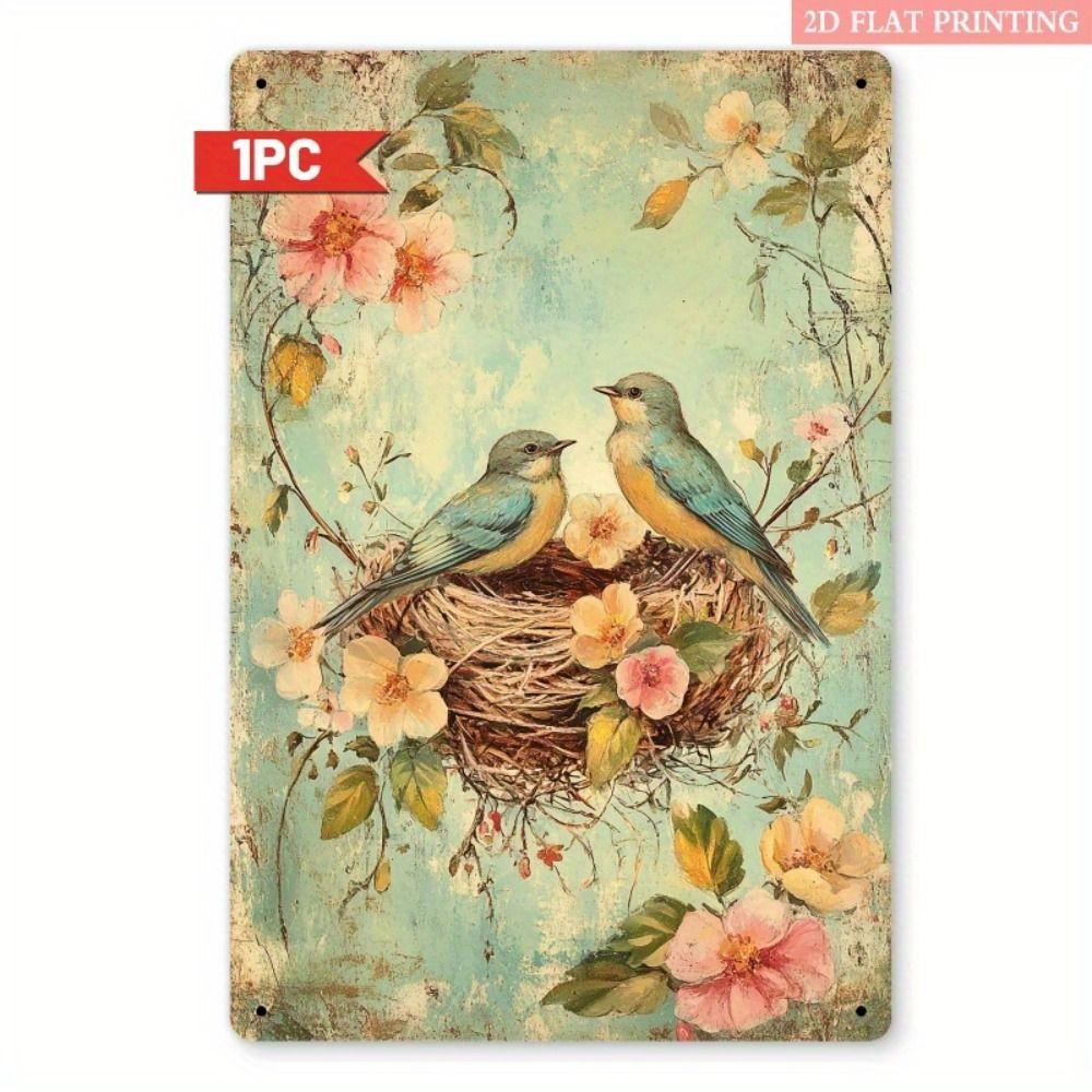 Vintage Metal Tin Sign Bird Feeding Chicks on Flowers Florist Decor For Living Room 20x30cm