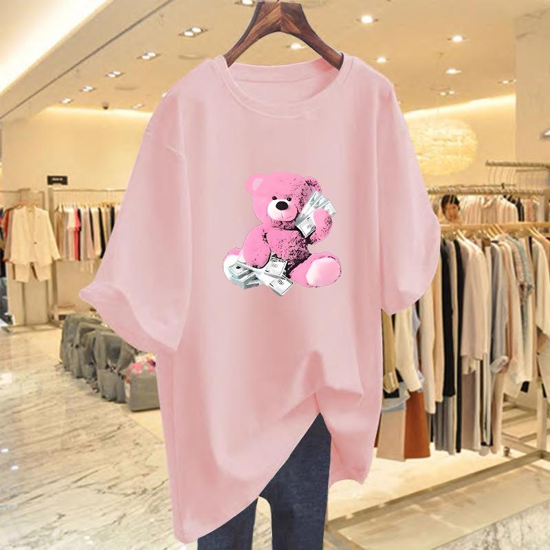 Women's Summer Bear Print Cotton Short Sleeve Loose Round Neck Top