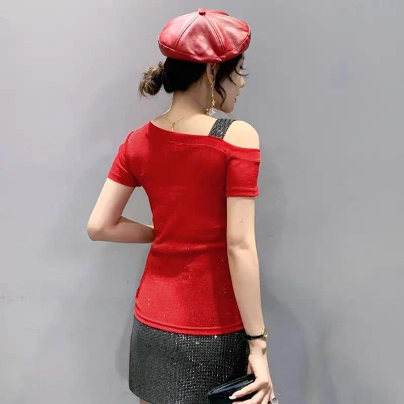 Summer Fashion European Female Clothes T-Shirt Sexy Off Shoulder Shiny Diamonds Mesh Women Tops All Match Tees Blouse