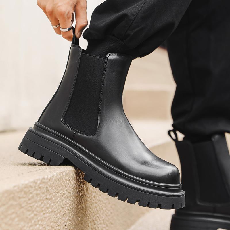 Mens Fashion Stage Nightclub High Chelsea Boots Slip-on Genuine Leather Shoes Cowboy Platform Boot Cool Long Motorcycle Botas