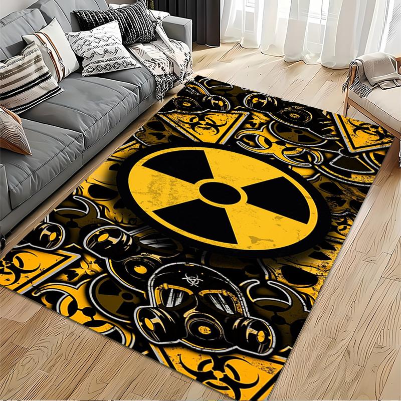 "Yellow Black Radiation Hazard Symbol Rug with Gas Mask Design" Suitable for use as an anti-slip for living room bedroom sofas