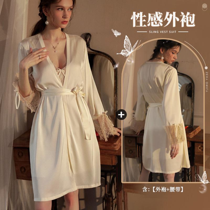 

Xianyi Pure Desire Pajamas Women s Summer Simulation Silk Suspender Pajamas Three-piece Set Lace Loungewear Morning Robe Set 464 average size