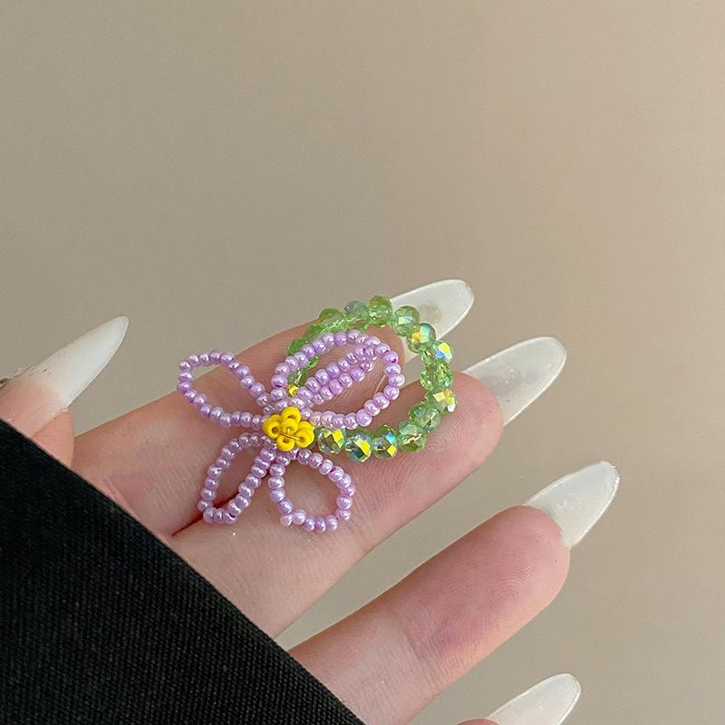 Colorful Beaded Flower Rings For Women Girls Korean  Sweet Large Flower Finger Rings Jewelry Aesthetic Y2K Accessories