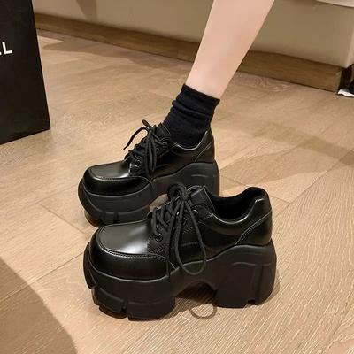 2024 NEW Spring and Autumn New Round Toe Lace Up Bright Leather Face Thick Sole Waterproof Platform Black High Heel Single Shoe