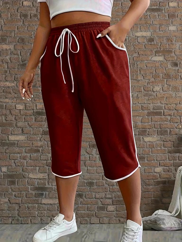 2026 Plus Size Women's Color Block Stretchy Cropped Pants - Comfortable & Sexy Sportswear Casual Pants