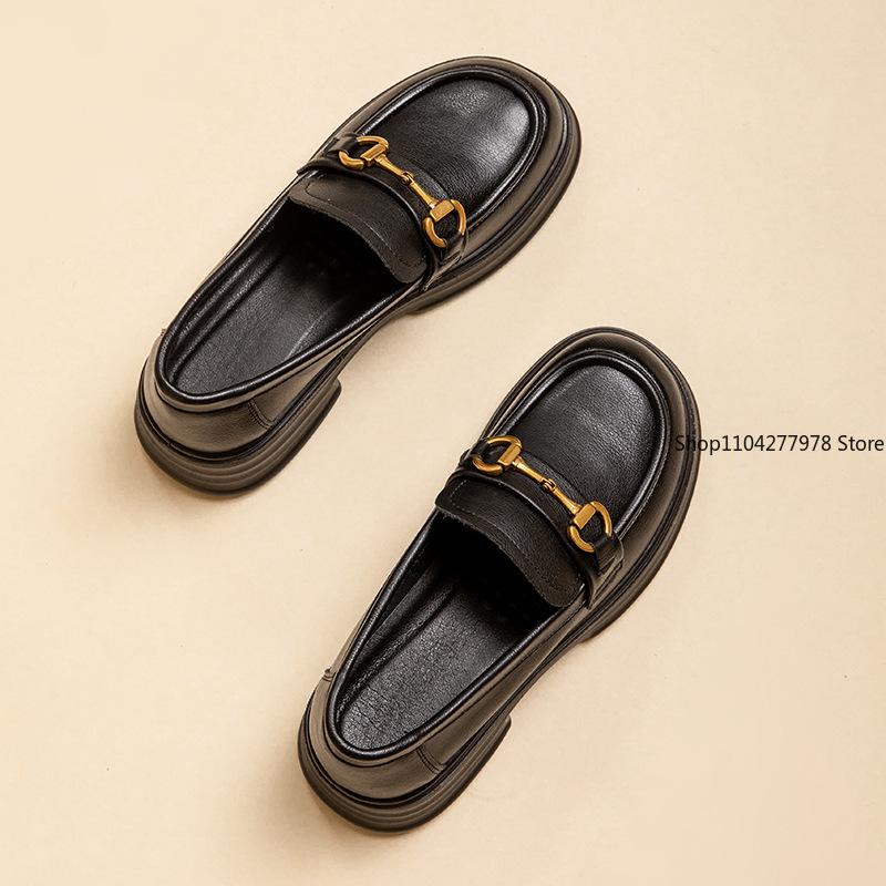 Fashion Metal Buckle British Pu Leather Loafers Women's Doudou Shoes Pumps New Korean Version Single Shoes 2025 Women's Flats