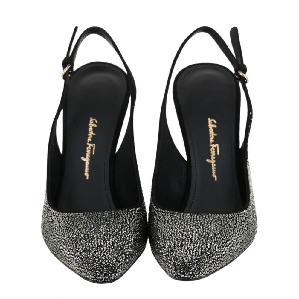 Salvatore Ferragamo Jessie Crystal Embellished Slingback Pumps Black