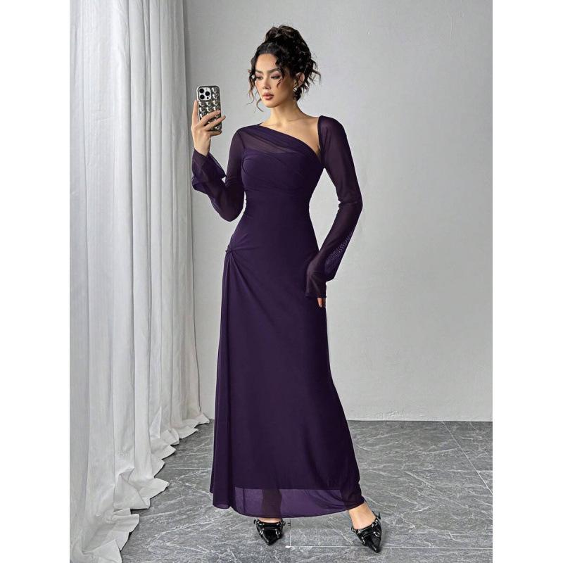 Europe, America 2026 summer new asymmetrical neckline long sleeve elegant fashion temperament dress women