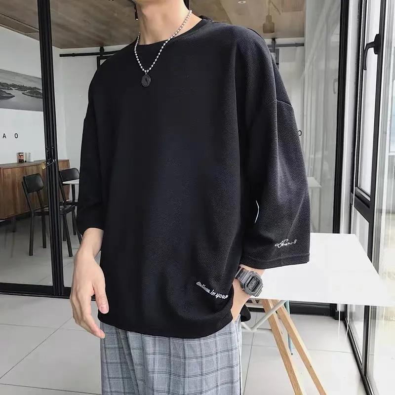 Men's Summer Lightweight 3/4 Sleeve T-Shirt Loose Fit, Plus Size, Korean Style Short Sleeve Top