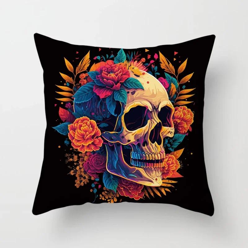 Colorful Skull Flower Pillowcase Decorative Printing Square  Car Sofa Fashion Cushion Cover  Home Decoration