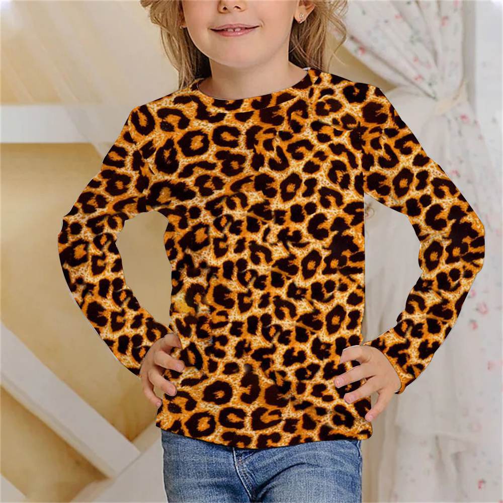 

Одежда для девочек Футболка для девочек с длинным рукавом, тигровая шкура, леопардовый принт, 3D-принт, детская осенняя одежда, модный креативный топ с круглым вырезом для мальчиков и девочек 160