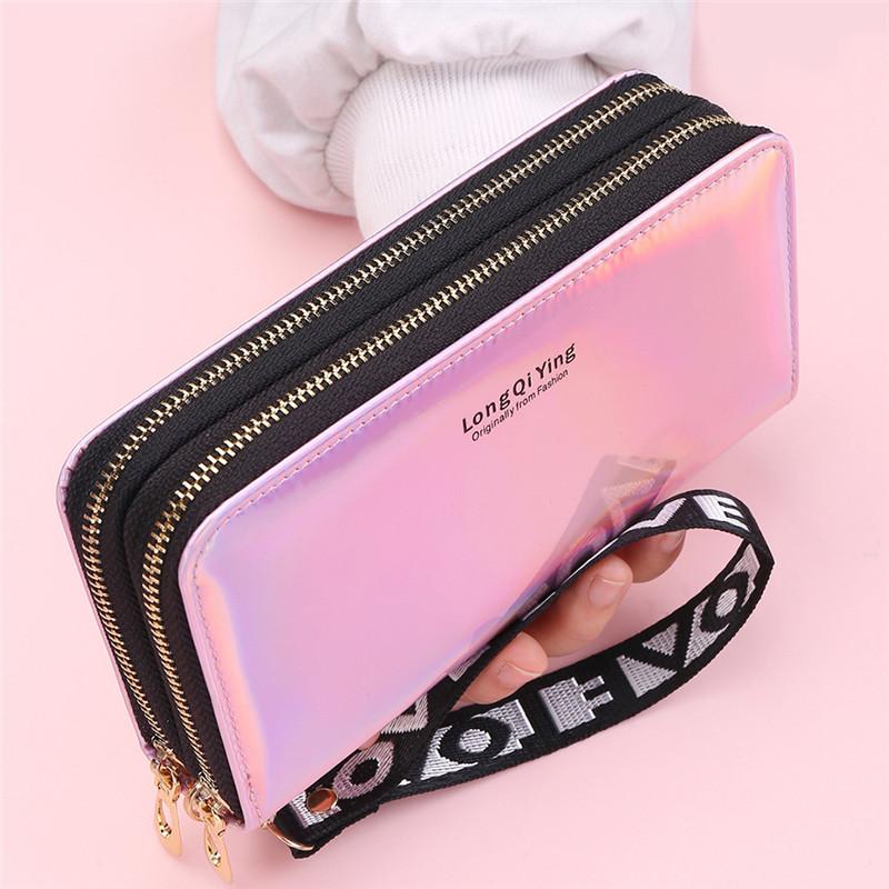 Portefeuille Long Double Fermeture Éclair pour Femme Pochette Monnaie Laser Cuir PU Souple Grande Capacité Porte-Cartes de Visite Arrivage