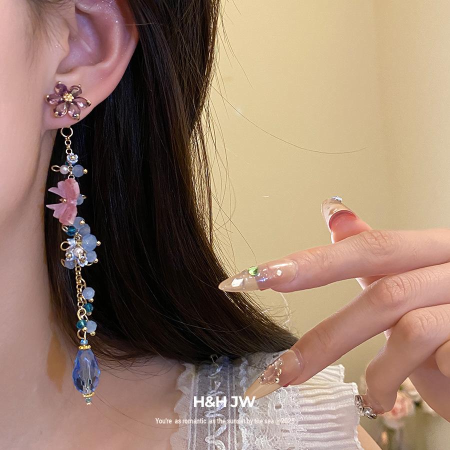 Zircon Freshwater Pearl Flower Tassel Earrings for Women, Luxury Sweet Fresh Elegant Ear Jewelry
