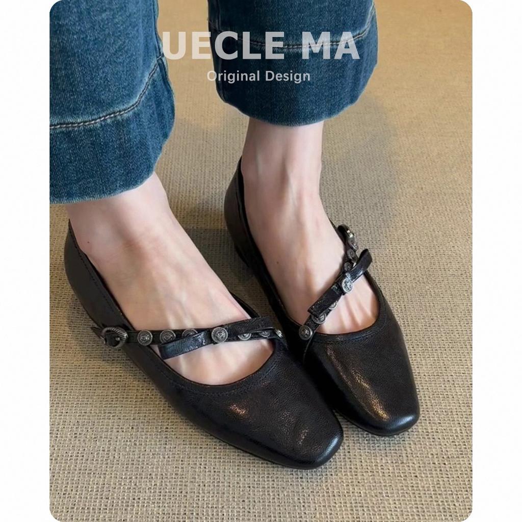 Agneau~ Chaussures simples en cuir véritable pour femmes à fond plat et bout carré, chaussures noires à décolleté léger avec jupe, chaussures Mary Jane rétro