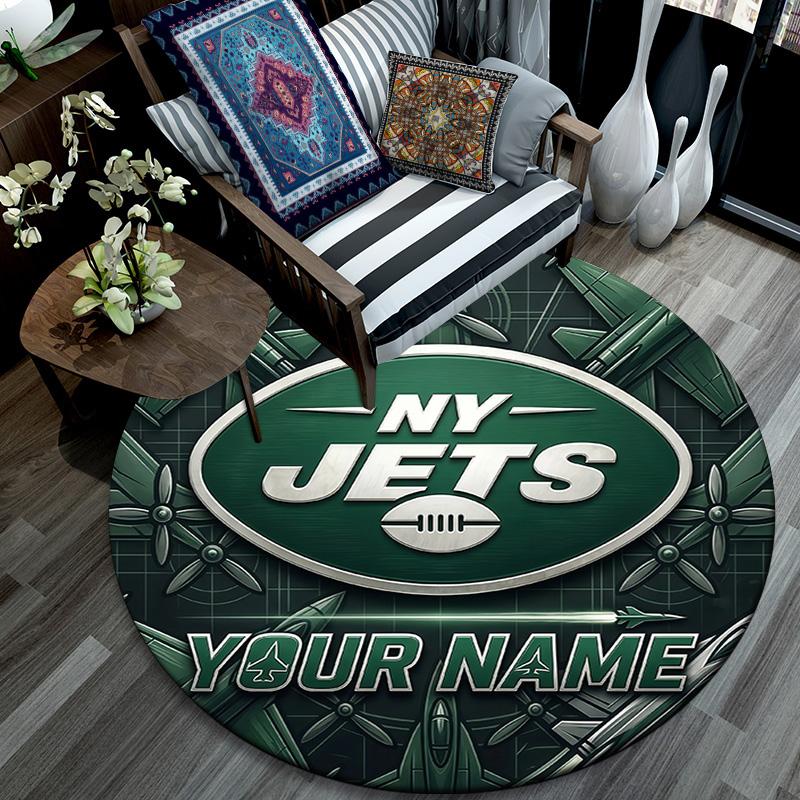 Custom Name New York Jets Round Area Rug,Carpet Rug for Living Room Bedroom Sofa Playroom Decor,Non-slip Floor Mat