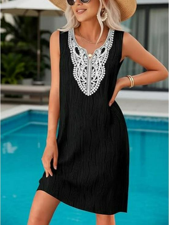 2026 European & American Beach Style Sleeveless Lace Patchwork Knee-Length Dress