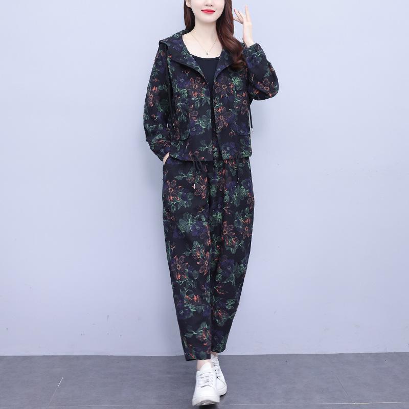 Plus Size Women s Retro Print Hooded Jacket and Harem Pants Casual Set 2XL