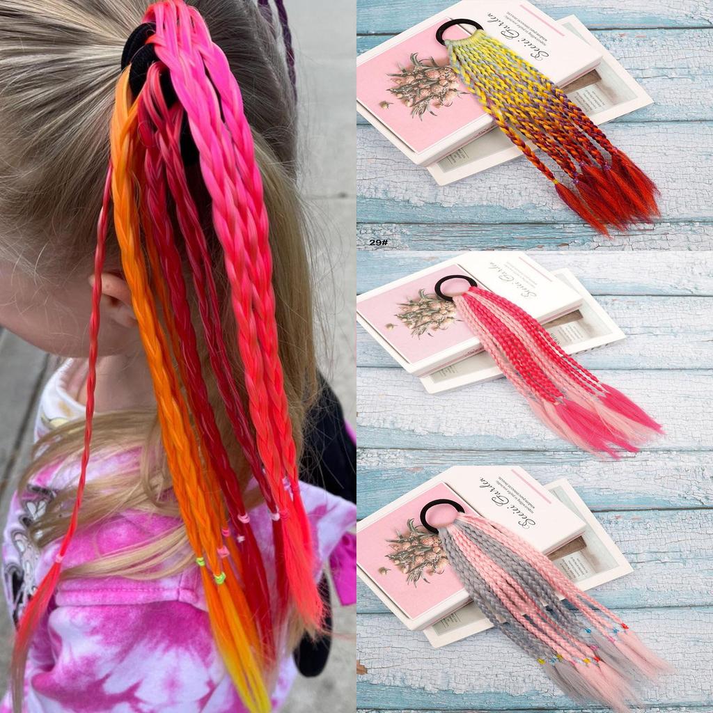 Rubber Band Ponytail Short Colored Braided Hair Extension Rainbow Colorful Synthetic Ponytails for Girls Daily Party Use