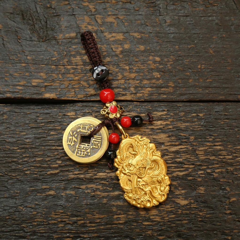 Dragon Brass Double-Sided Double-Dragon Tag Keychain Pendant Men'S And Women'S Bags Car Keys Pendants Accessories