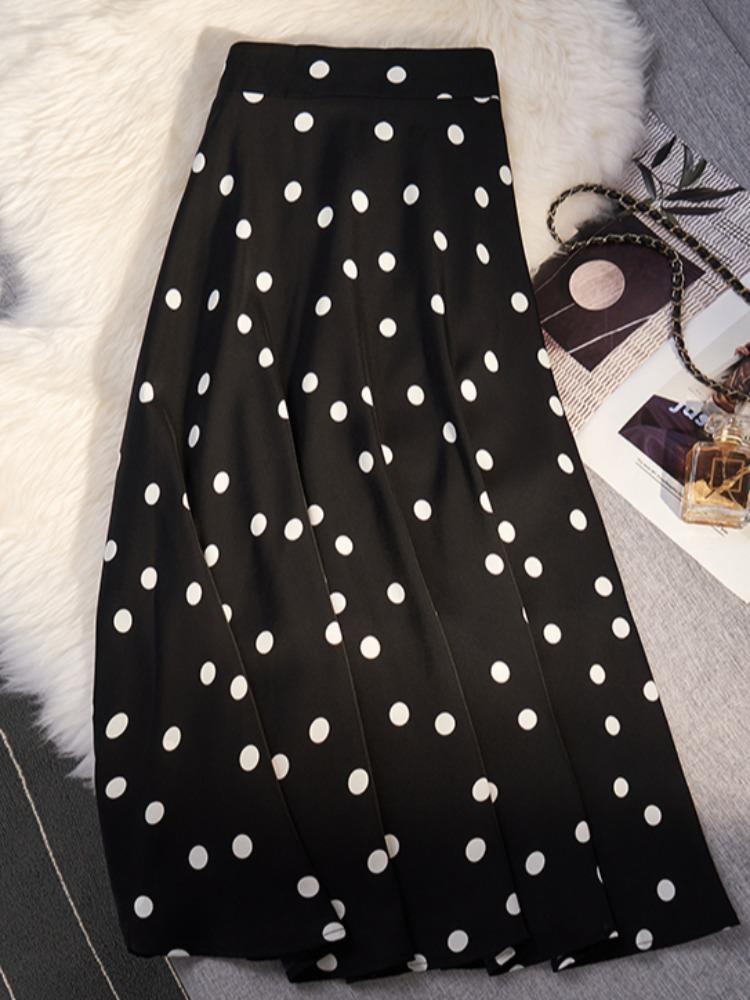 Jupe à pois taille haute élastique pour femmes petites - Coupe ajustée longueur midi, Améliore la hauteur et la silhouette pour le printemps et l'automne.