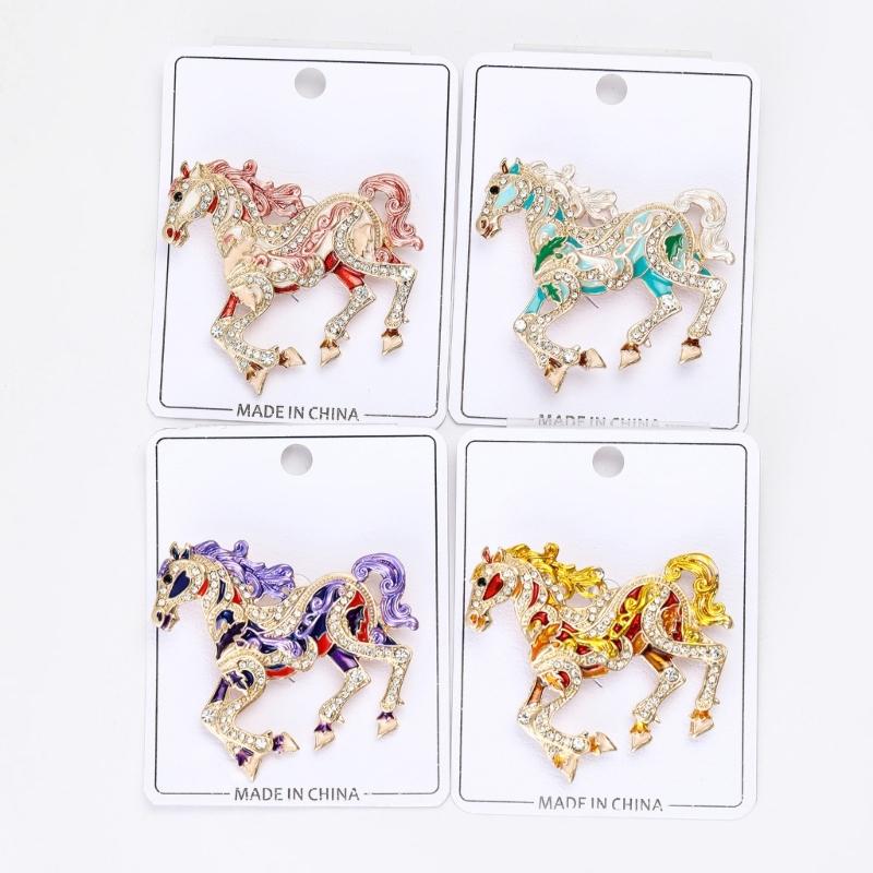 Trendy Enamel Horse Shaped Brooch Rhinestones Embellished Decorative Jewelry for Dresses Jackets Bags