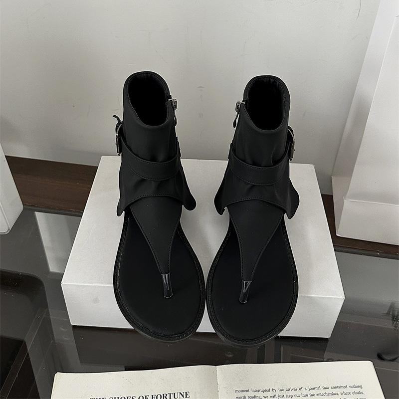 

Korean version of herringbone toe sandals women s 2025 summer new flat-bottomed Roman cool boots low-heeled loose warehouse women s boots 35 чёрный
