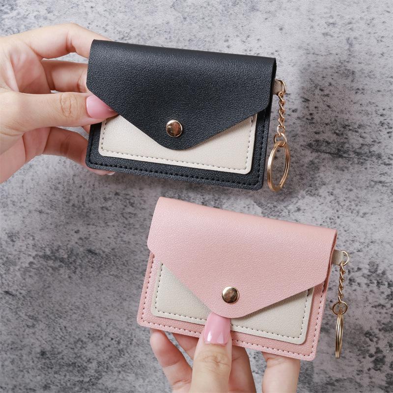 Slim Pu Leather Wallet Business Credit Card Holder Short Purse Leather Id Card Holder Candy Color Coin Case With Keyring