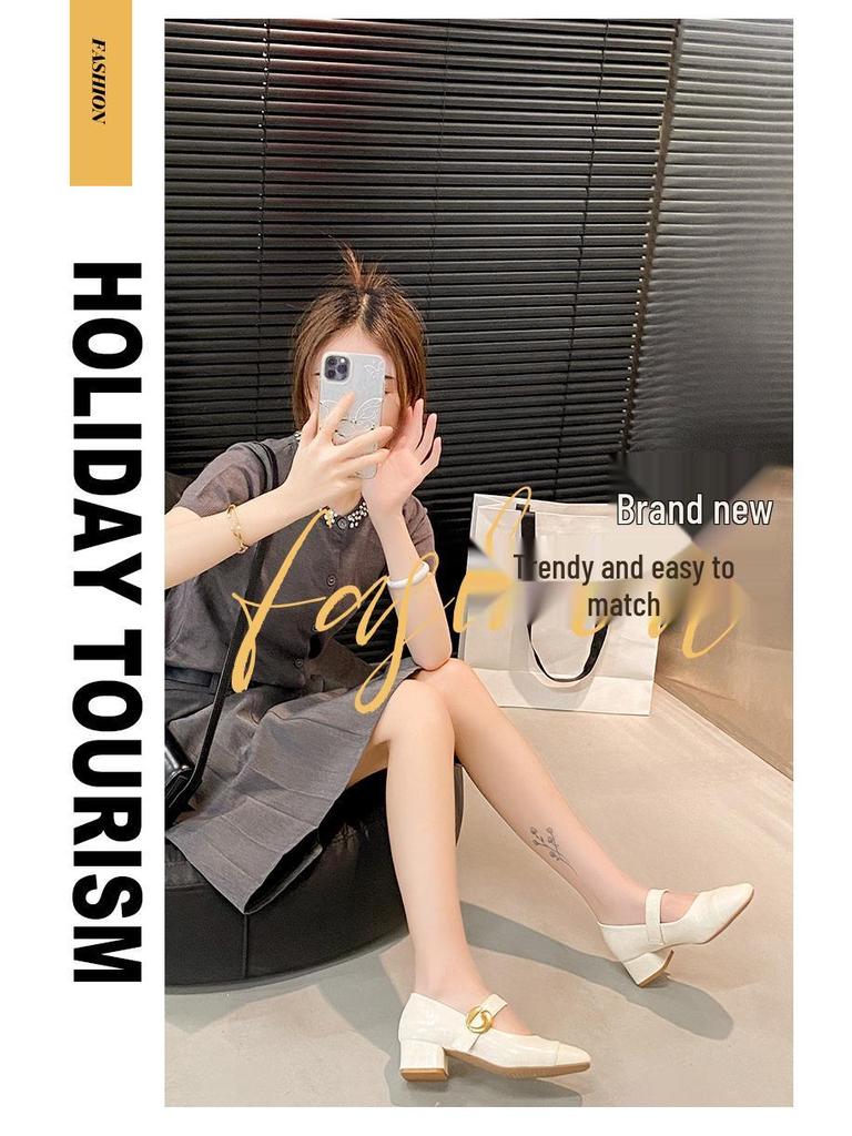 2025 Autumn Korean-Style Mary Janes: Soft Leather Square-Toe Chunky Heel Mid-Heel Shoes for Women
