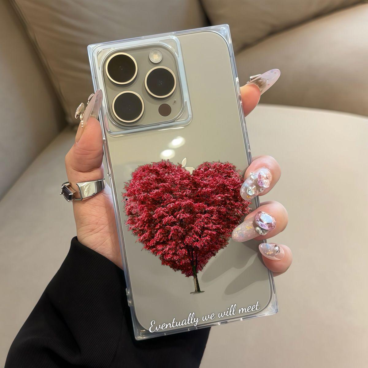 

Square Back Tube Protection Clear Case For iPhone 15 Plus 11 12 14 Pro Max 13 16 ProMax Anti-Oxygen,Red Tree Love Pattern Casing iphone 11 ProMax