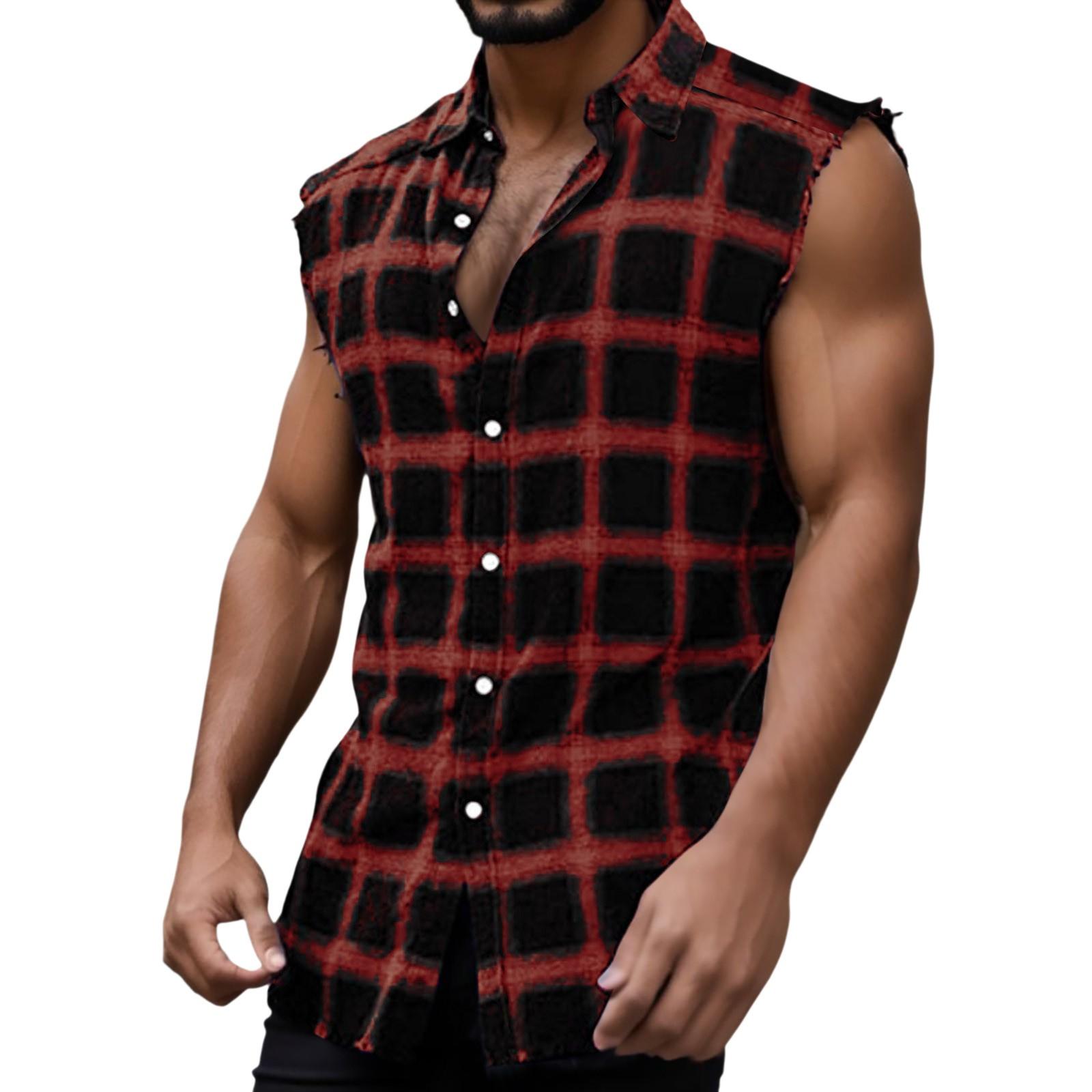 Ärmelloses Karohemd für Herren, Vintage, cooles, atmungsaktives ärmelloses Hemd, Übergröße, Tanktop M black
