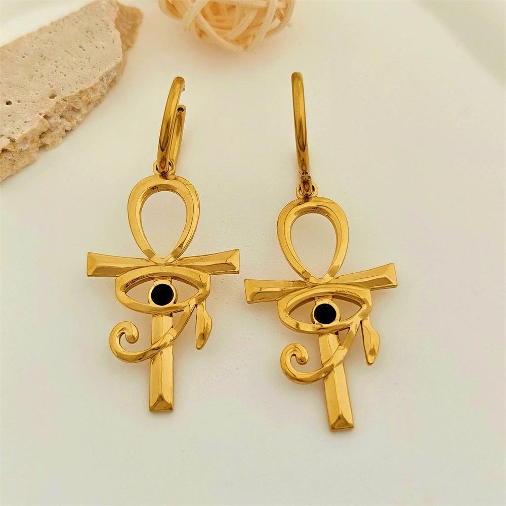 Stainless Steel Geometric Eye Cross Pendant Necklace And Earrings New Unique Retro Fashion Simple Jewelry Set